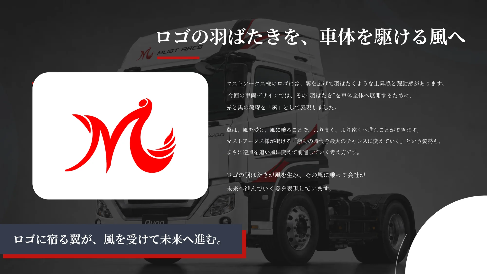 ロゴの羽ばたきと風を表現したマストアークスの車両デザインコンセプト
