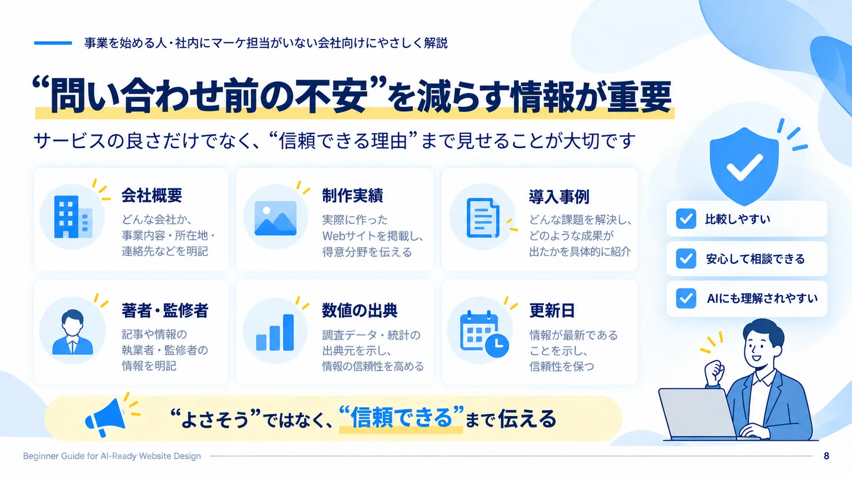 会社概要や実績、出典、更新日などWebサイトの信頼情報