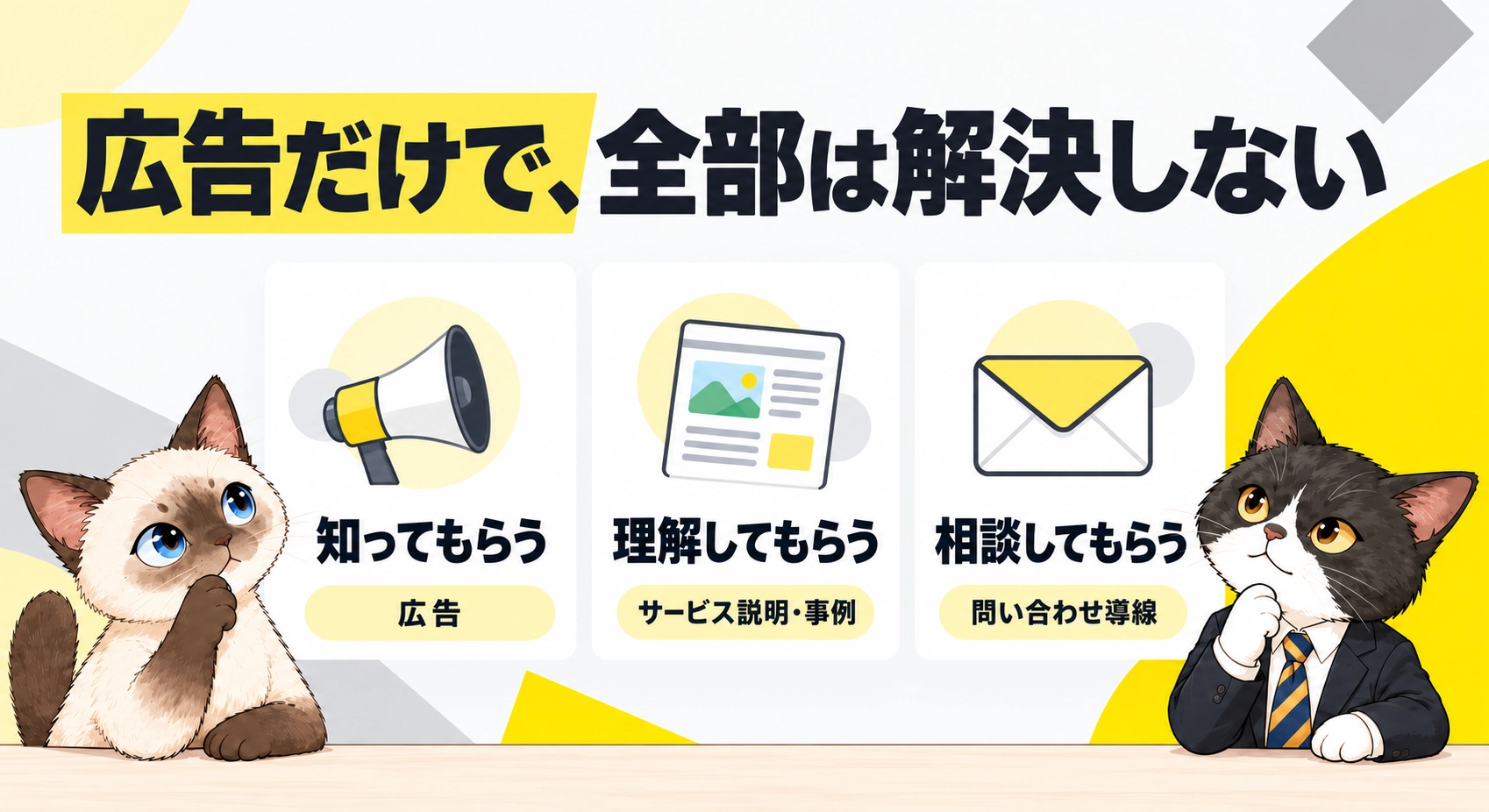 広告だけで、全部は解決しないをシャムとハチワレが説明する図解