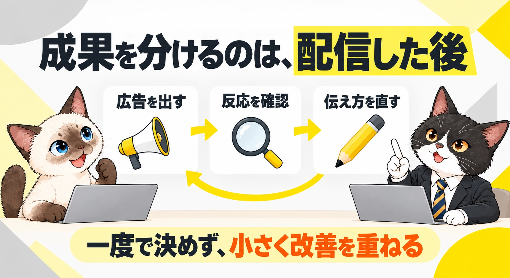 成果を分けるのは、配信した後をシャムとハチワレが説明する図解