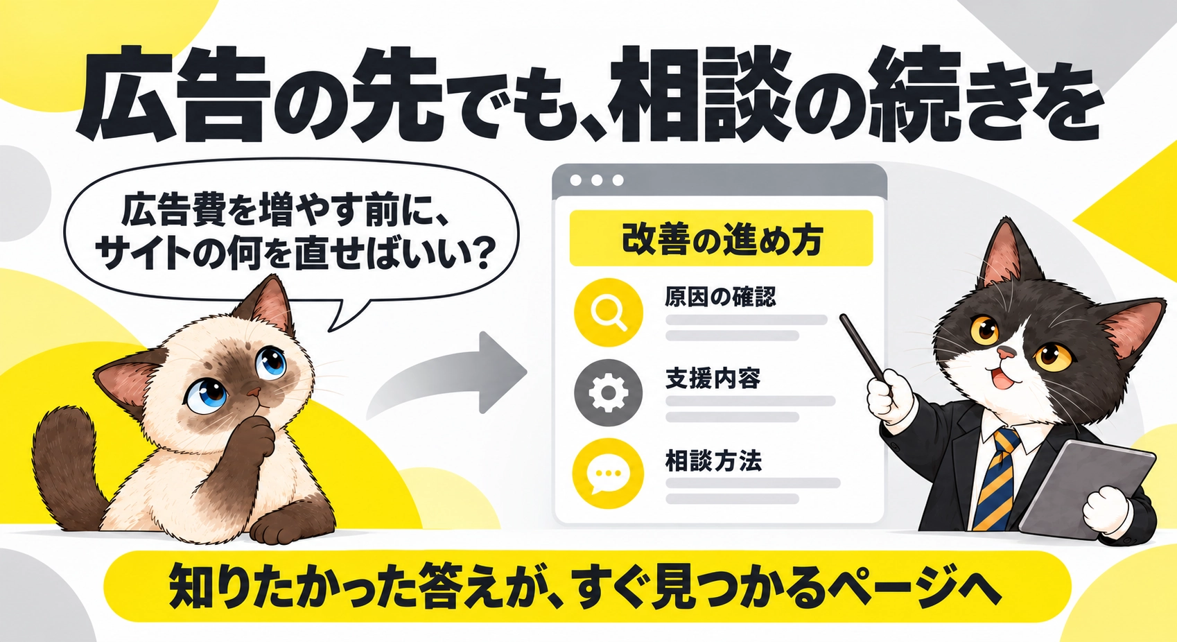 広告の先でも、相談の続きををシャムとハチワレが説明する図解