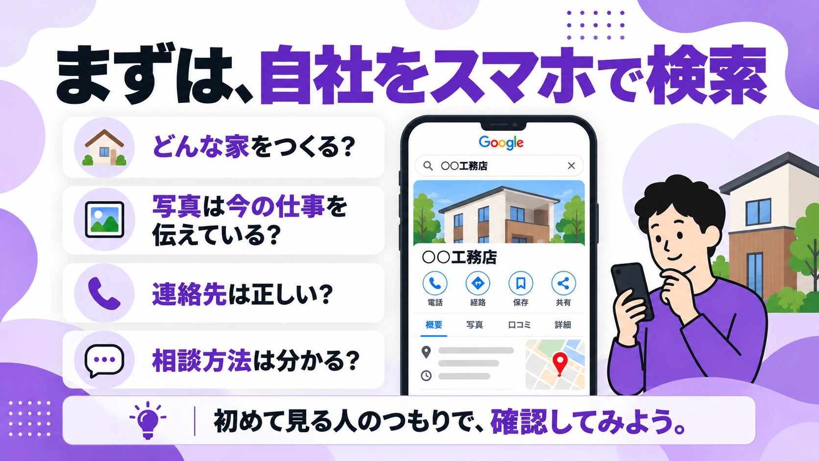 初めて自社を見る人の視点で写真、基本情報、相談導線を確認する