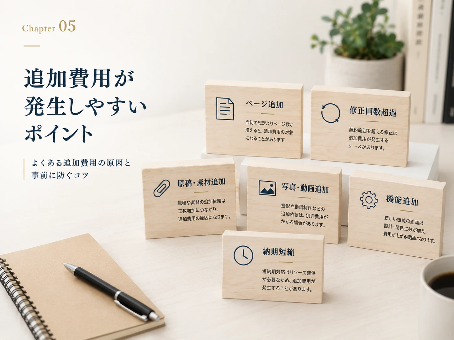 Web制作で追加費用が発生しやすい主なポイント（ページ追加・修正回数超過・原稿/素材追加・写真/動画追加・機能追加・納期短縮）を整理した木製ブロックのイメージ