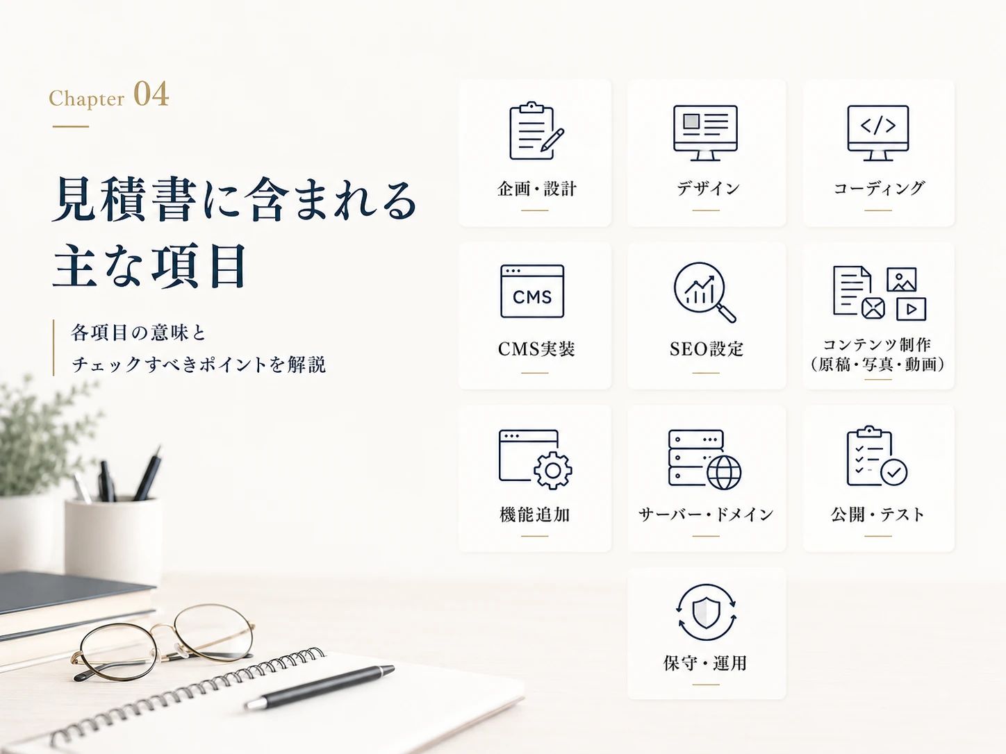Web制作見積書に含まれる主な項目（企画・設計／デザイン／コーディング／CMS実装／SEO設定／コンテンツ制作（原稿・写真・動画）／機能追加／サーバー・ドメイン／公開・テスト／保守・運用）を整理したアイコン一覧