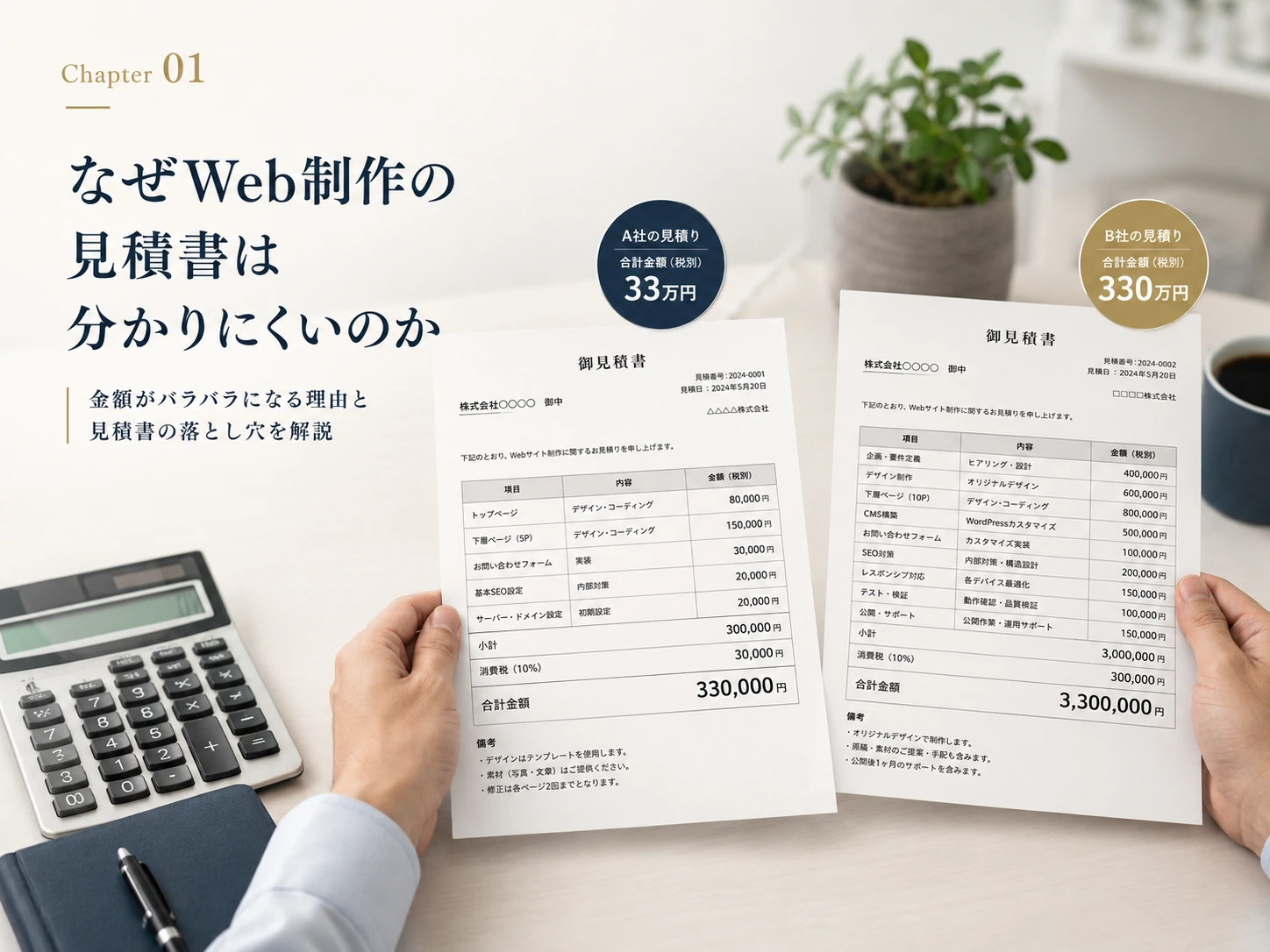 同じWeb制作の見積書でもA社33万円・B社330万円と10倍の金額差が生まれる理由を比較した御見積書のイメージ