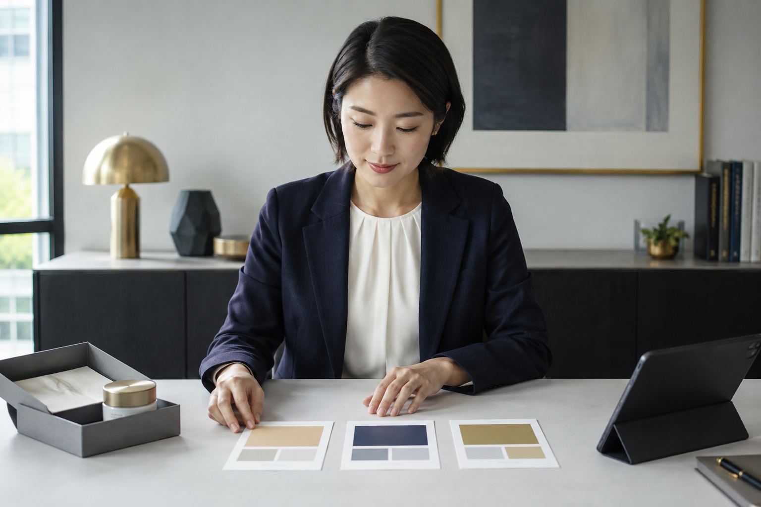 商品プランの比較カードを並べて提供価値を整理する担当者