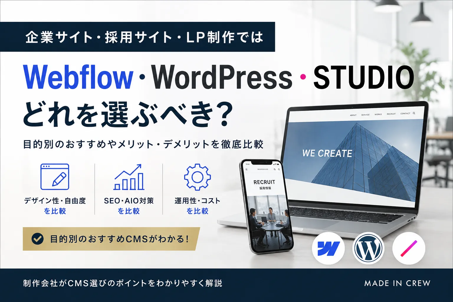 Webflow・WordPress・STUDIOを比較｜企業サイト・採用サイト・LP制作ではどれを選ぶべき？