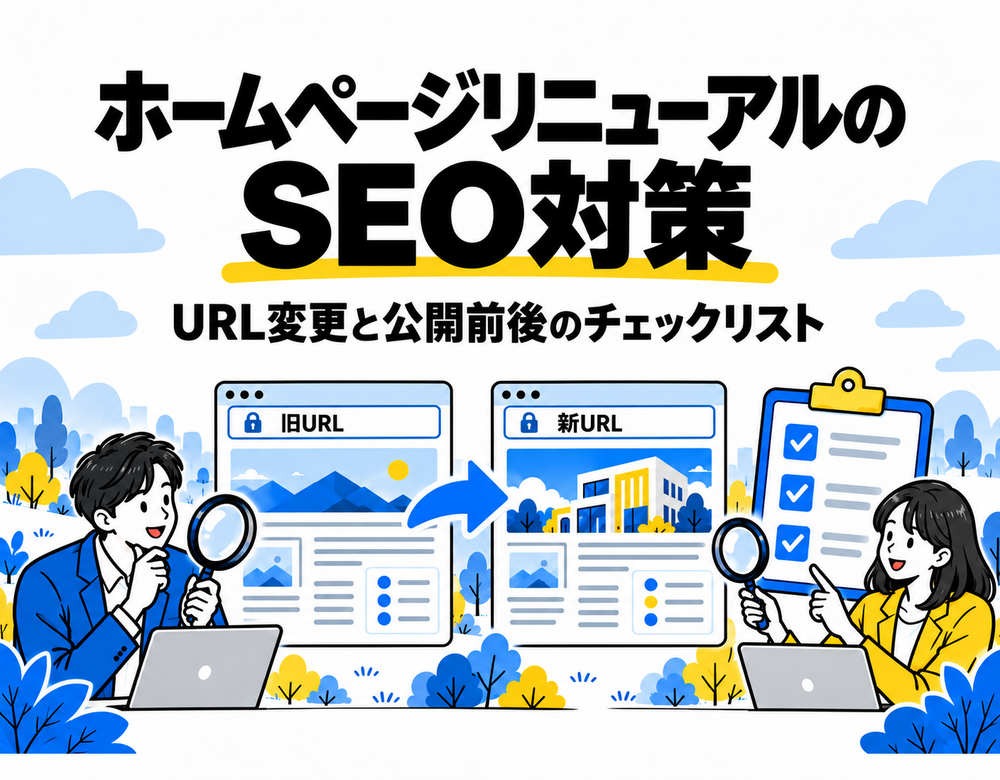 ホームページリニューアルのSEO対策。URL変更と公開前後のチェックを示す図解