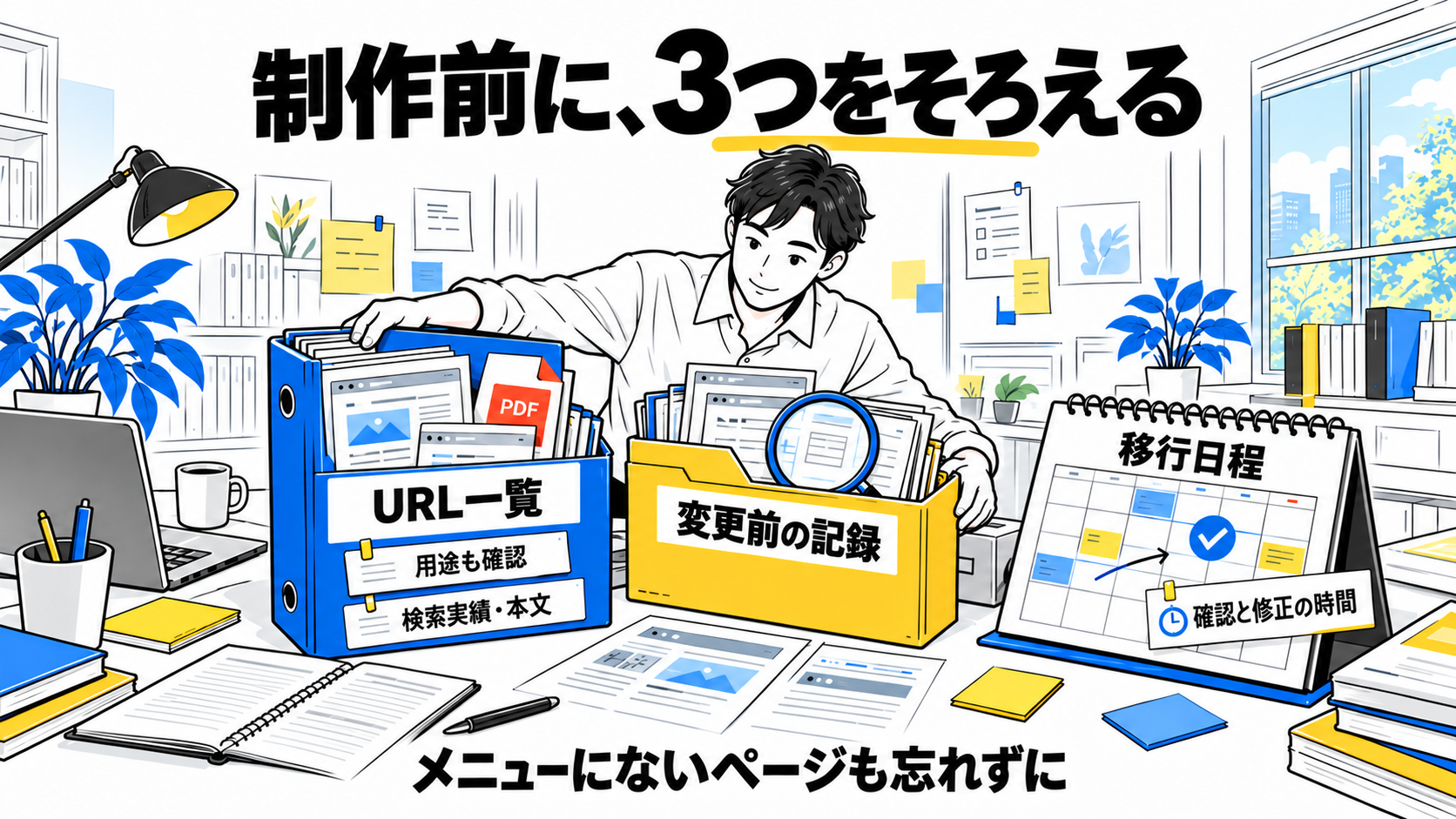 制作前にURL一覧、変更前の記録、移行日程をそろえる図