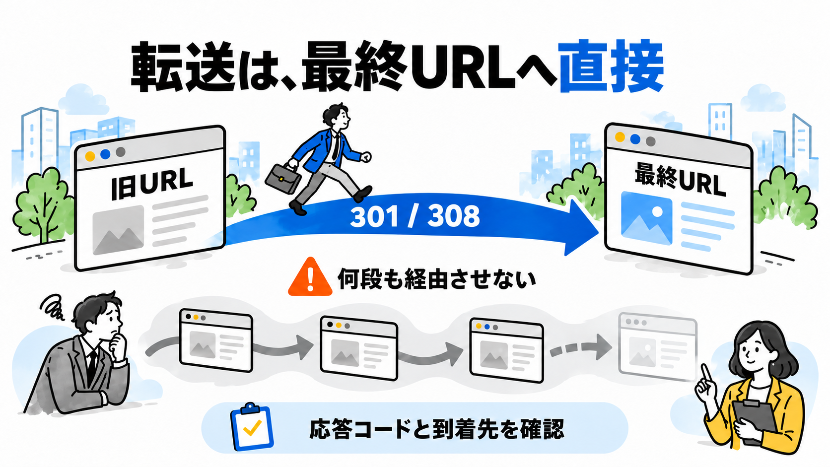 301・308リダイレクトで旧URLから最終URLへ直接転送し、応答コードと到着先を確認する図