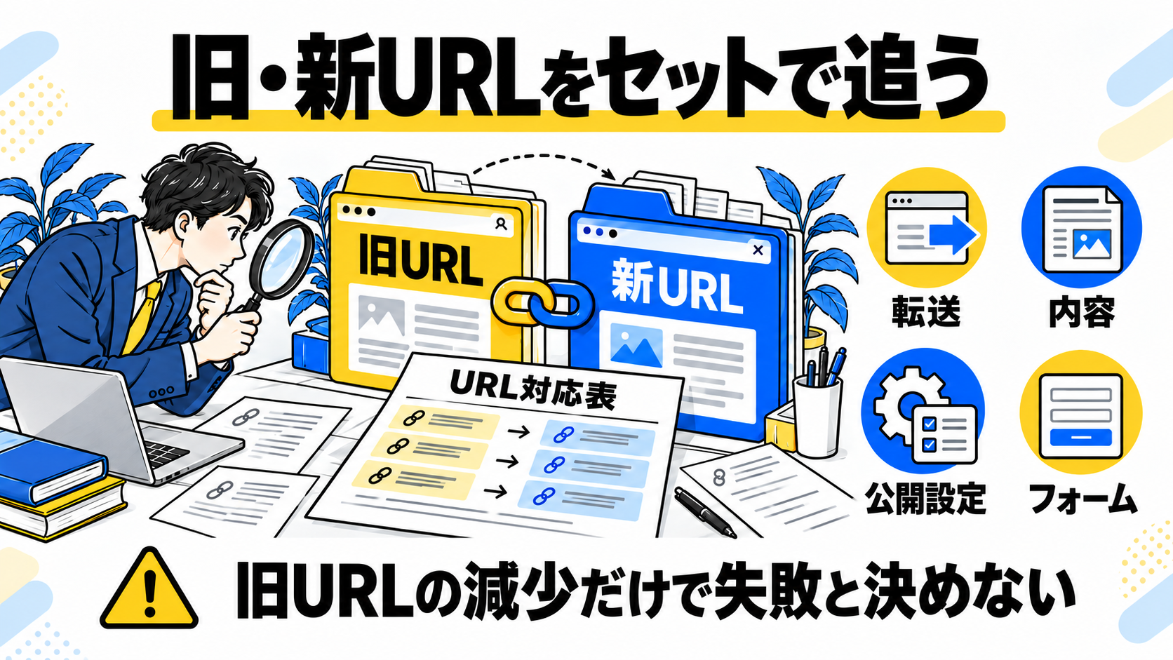 URL対応表を使って旧URLと新URLを一緒に追い、転送・内容・公開設定・フォームを確認する図