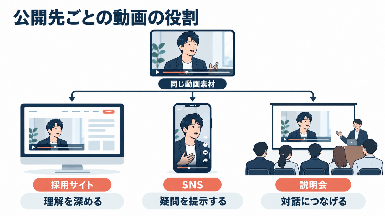 同じ採用インタビュー素材を、採用サイトでは理解を深める用途、SNSでは疑問を提示する用途、説明会では対話につなげる用途に展開する図。