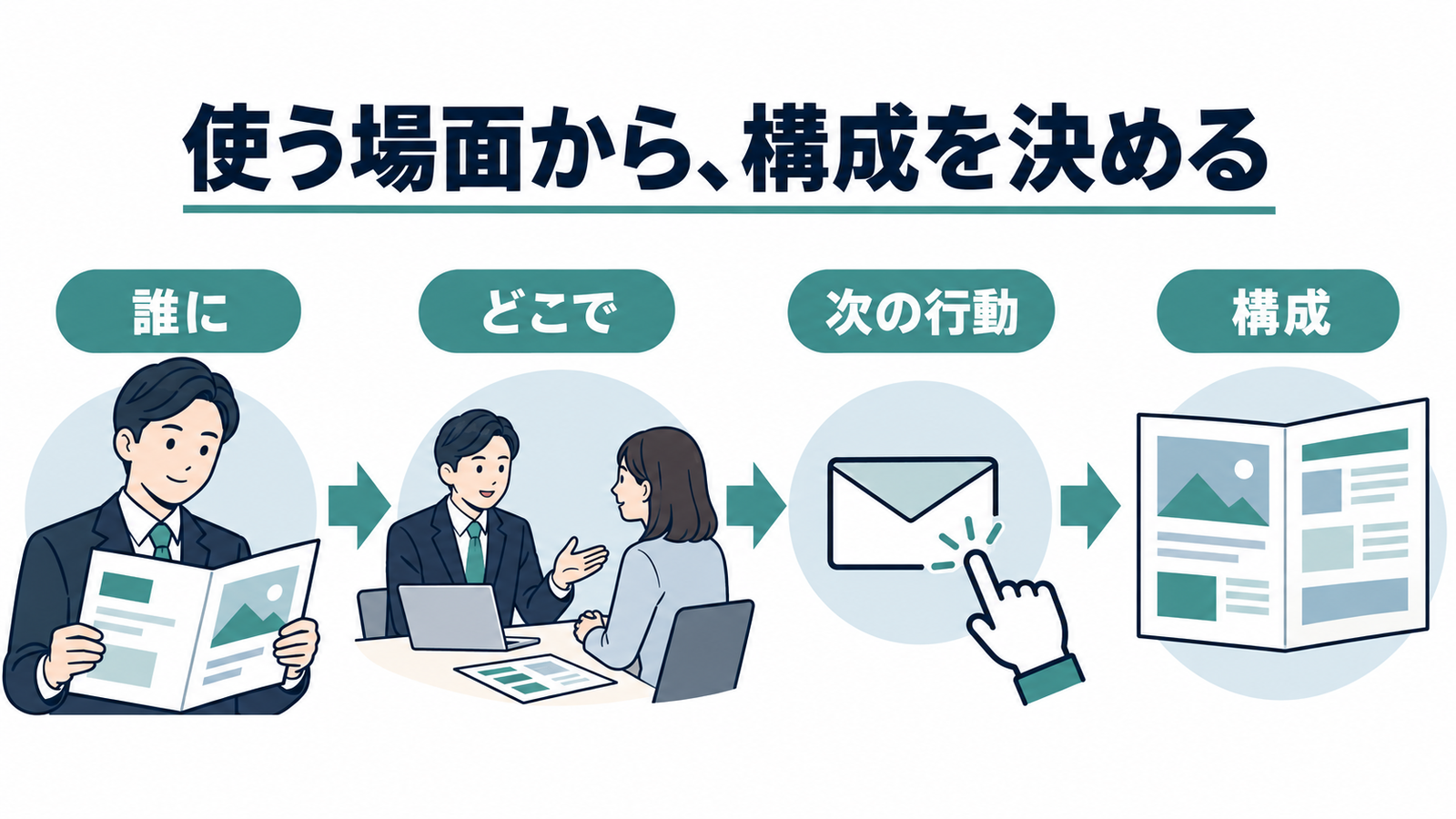 配布相手、使う場面、次の行動から会社案内の構成を決める流れ