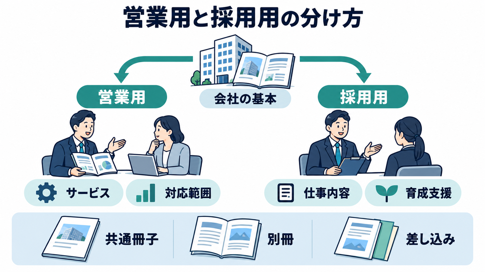 会社の基本情報を共通にし、営業用と採用用で判断材料を分ける構成