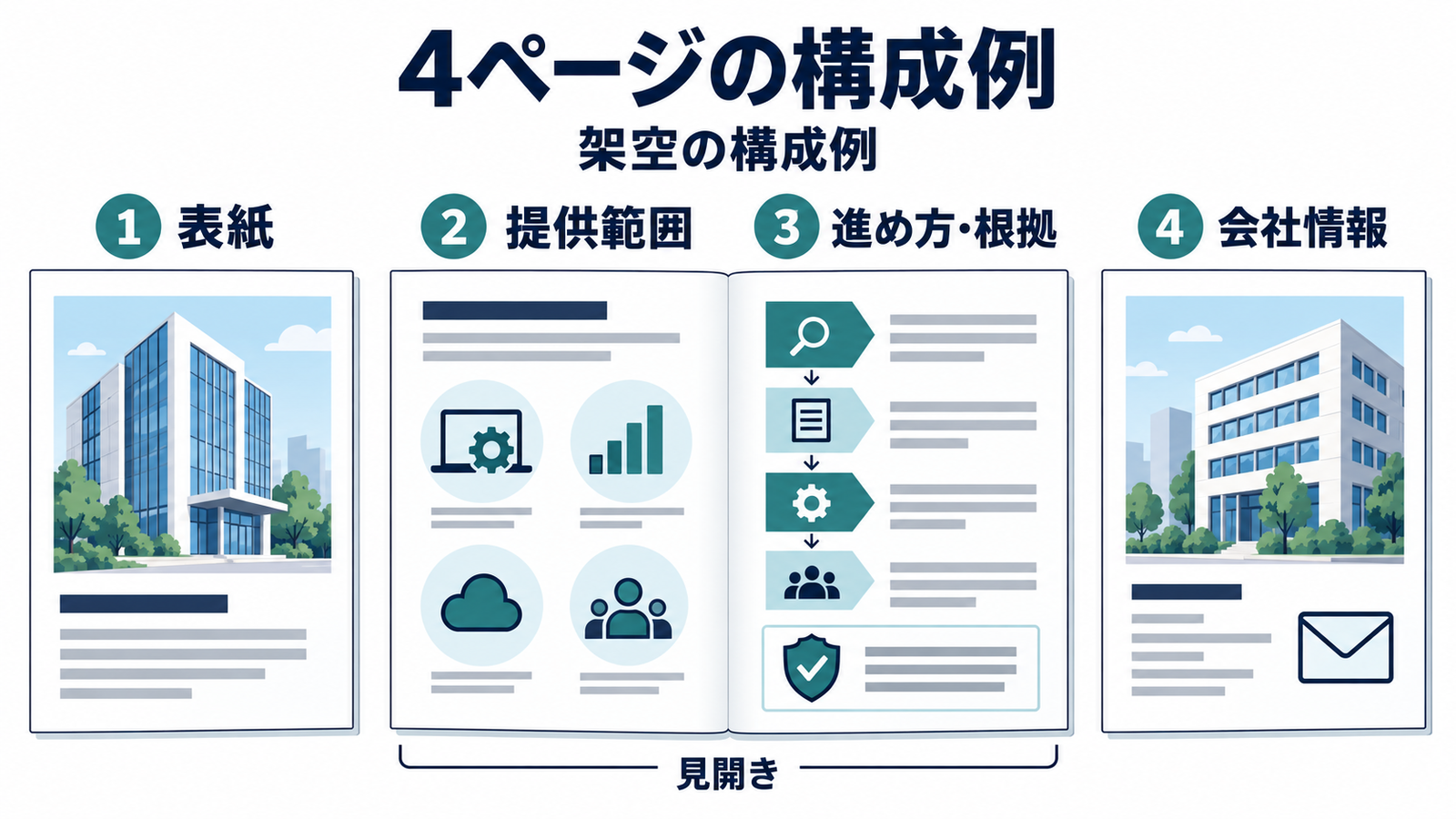 表紙、サービス、進め方と根拠、会社概要と連絡先の4ページ台割