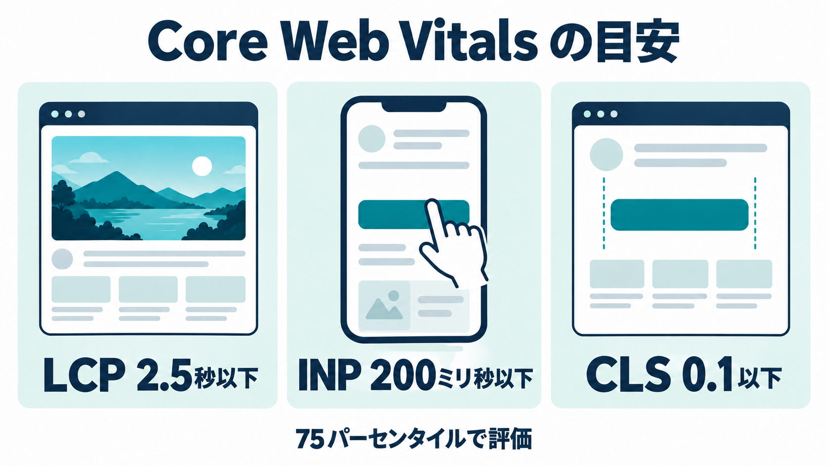 Core Web Vitalsの良好な目安はLCP2.5秒以下、INP200ミリ秒以下、CLS0.1以下