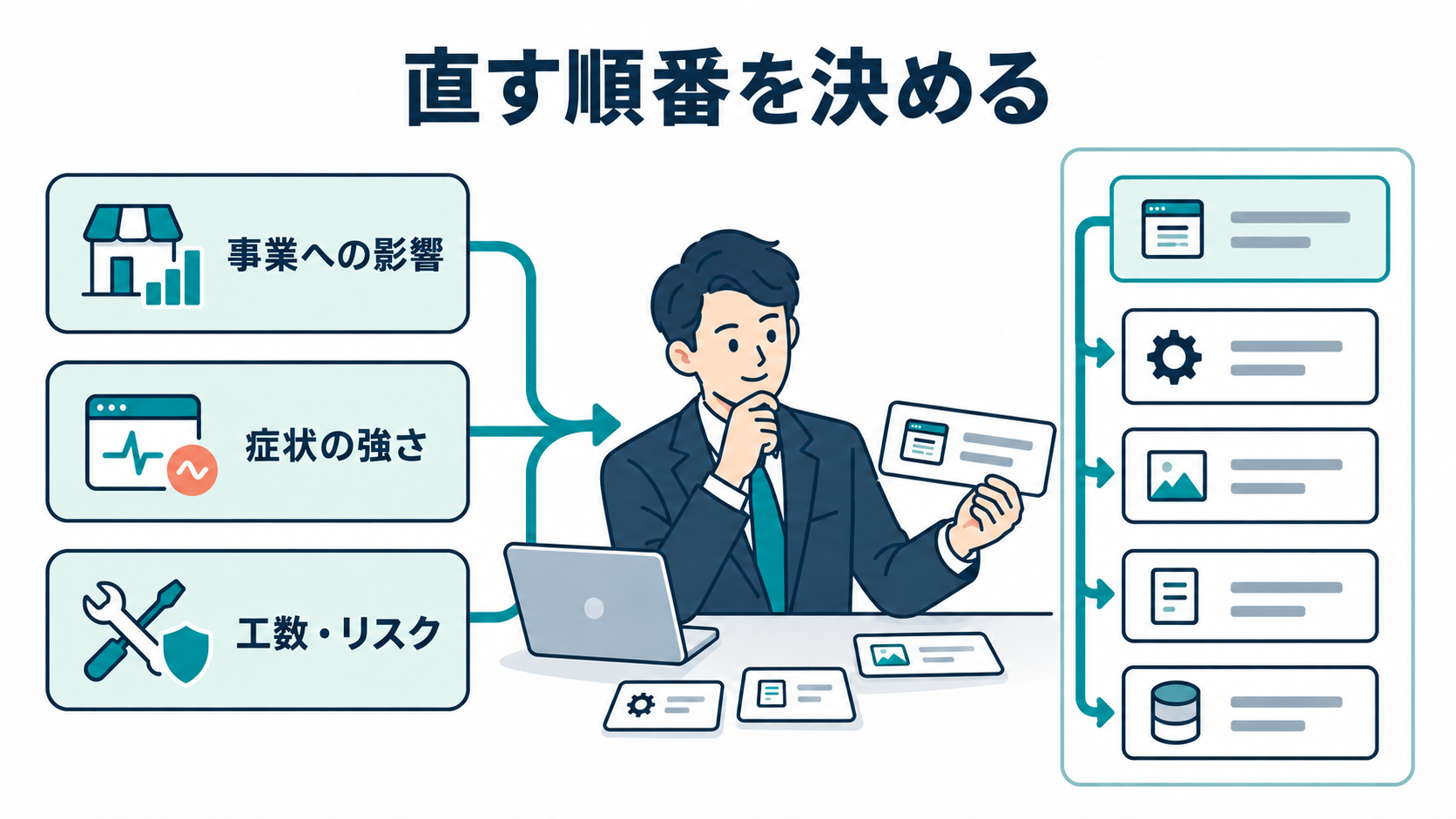 事業への影響、症状、工数とリスクから修正の優先順位を決める図